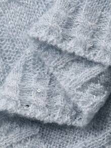 DAZY 女士宽松镂空轻薄金属质感Logo长袖休闲度假针织衫，春秋季 - 藍色 - 查看 8