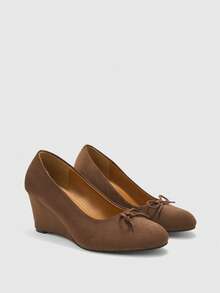 CUCCOO BIZCHIC Brown Suede Retro Bow Tie Wedge Shoes, Elegant And Commuting-Friendly - Coffee Brown - View 7