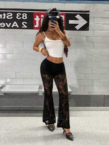 SHEIN DivaQ 女士黑色蕾丝性感休闲Y2K亚文化街头风喇叭裤，春夏款 - 黑色 - 查看 5