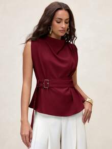 Arave 女士时尚高领不对称褶皱肩部无袖可调节腰部芥末黄上衣衬衫 - 酒紅色 - 查看 7