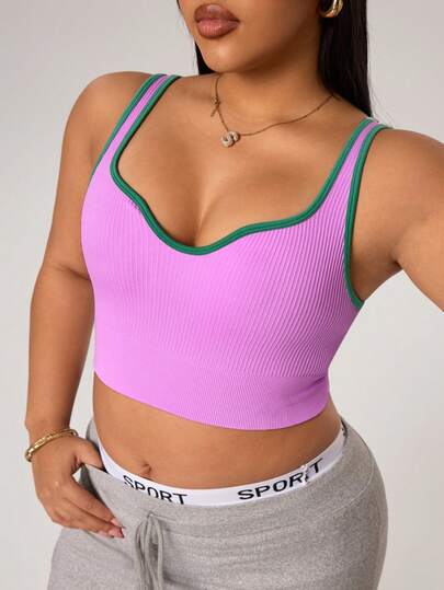 SHEIN Rhythm Era Top deportivo sin espalda acanalado de talla grande para mujer, chaleco de yoga y fitness sin costuras, ajustado y con ribete de contraste, de gran elasticidad