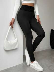 Isle Nomé Women's Casual Solid Color Lace Patchwork Leggings, Versatile For Spring - Black - View 5