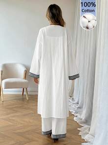 SHEIN LUNE 3件套女士休闲100%纯棉缎带装饰外套和裤子套装 - 白色 - 查看 2