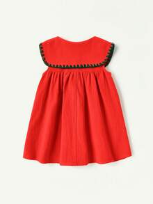 Cozy Pixies Baby Girl Floral Embroidery Pattern Navy Collar Half-Open Front Sleeveless Dress - Red - View 2