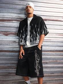 AXEPEAK Men's Casual Letter Embroidered Shorts, Summer - Black - View 6