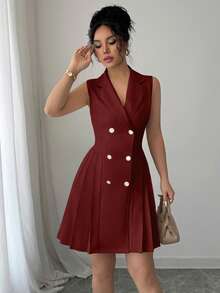 Rafferiza Women's Elegant Commuter Double-Breasted Pleated Hem Sleeveless Dress, Summer - Burgundy - View 5