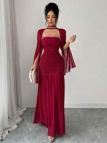 Elenzga 女士春季休闲情人节镂空袖美人鱼正式披肩袖收腰优雅晚礼服 - 紅色 - 查看 6