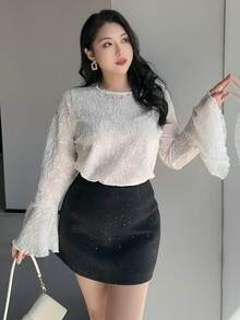 Dazy Plus Áo thun nữ cỡ lớn cổ tròn tay loe họa tiết jacquard thanh lịch để đi chơi. - trắng - Xem 5