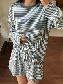 DAZY Women's Casual Striped Loose Pajama Set - Green - View 3