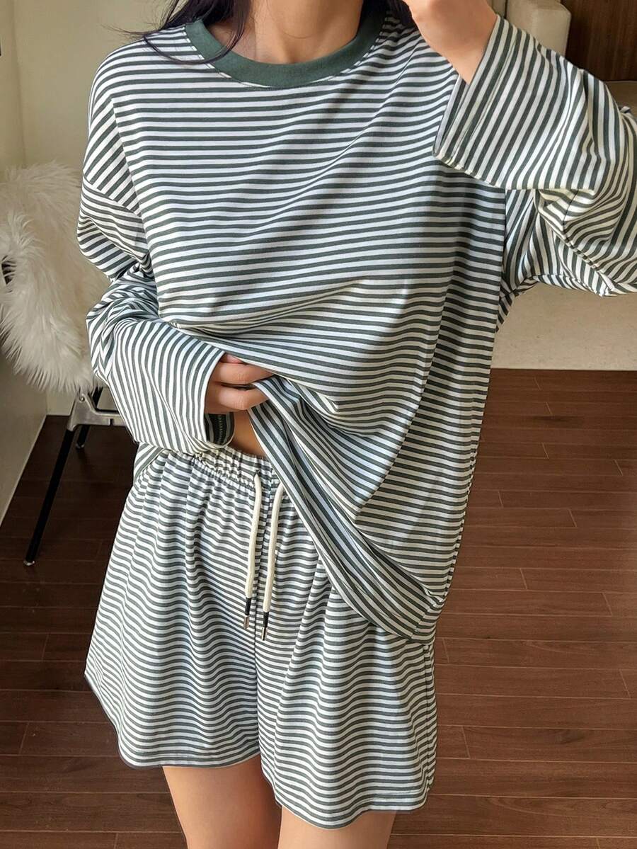 DAZY 女士休闲条纹宽松睡衣套装 - 綠色 - 查看 1