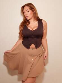 MelDlgn 大码女式高腰A字裙，饰有仿珍珠纽扣，复古宫廷风格，适合上学、约会、派对、度假、下午茶、生日聚会、复活节、锐舞音乐节、音乐会、早午餐、商务休闲等场合。 - 駝色 - 查看 4