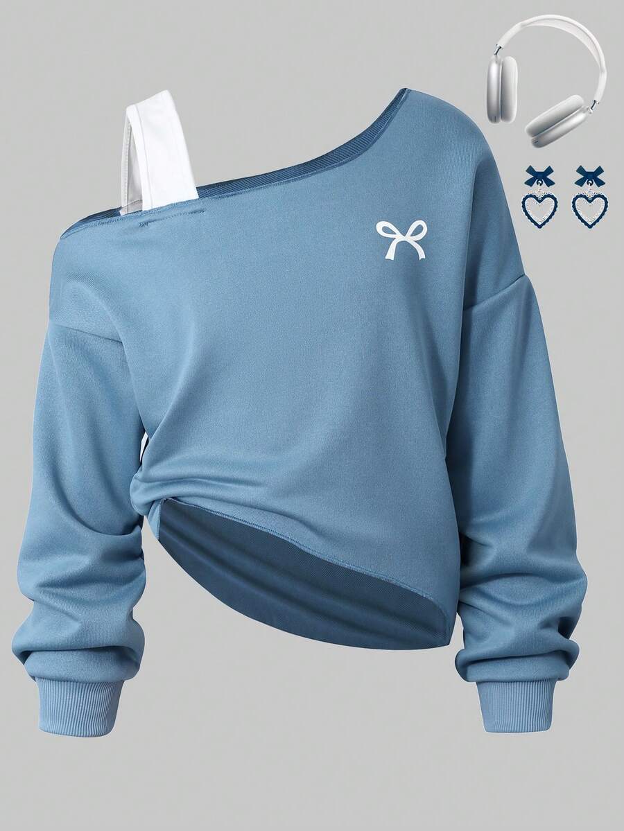 Sparklyn Áo nỉ nữ tuổi teen in nơ, kiểu dáng bất đối xứng, hở vai và vạt áo không đối xứng. - Màu xanh lam - Xem 1