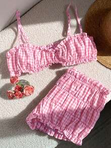 Comfortcana 女士荷叶边格子吊带背心和短裤两件套 - 粉色 - 查看 7