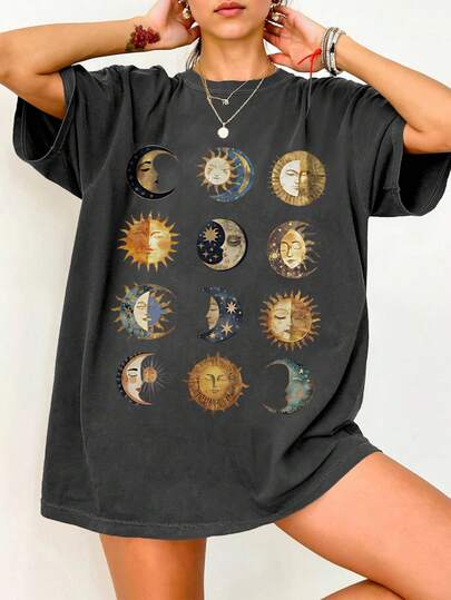 EMERY ROSE 大码女式休闲星月日印花宽松中长短袖圆领T恤 女式超大码T恤