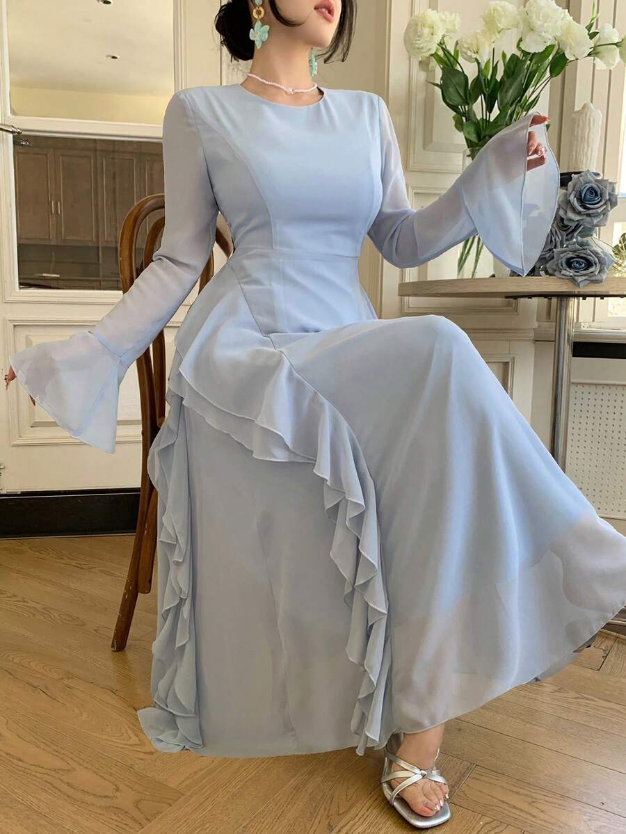 DAZY Đầm cocktail dáng midi ôm sát cổ bèo cho nữ, thích hợp làm đầm dự tiệc cưới hoặc đầm mùa hè. - Màu xanh lam - Xem 1