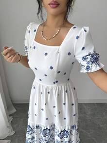 Rafferiza Women's Elegant White And Blue Floral Mid-Length Dress,Square Neckline,Gathered Back Yoke,Elastic Waist,Summer Holiday Vacation Casual Floral Dress - Multicolor - View 5