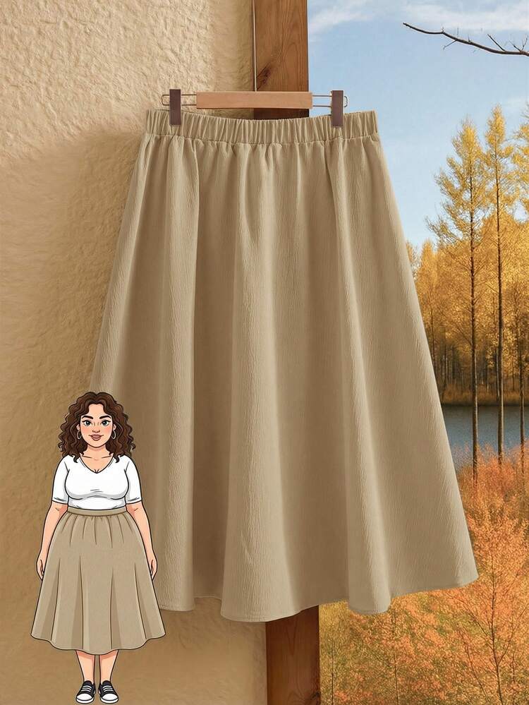 Plus Size Women Solid Color Elastic Waist Casual Commuter Skirt