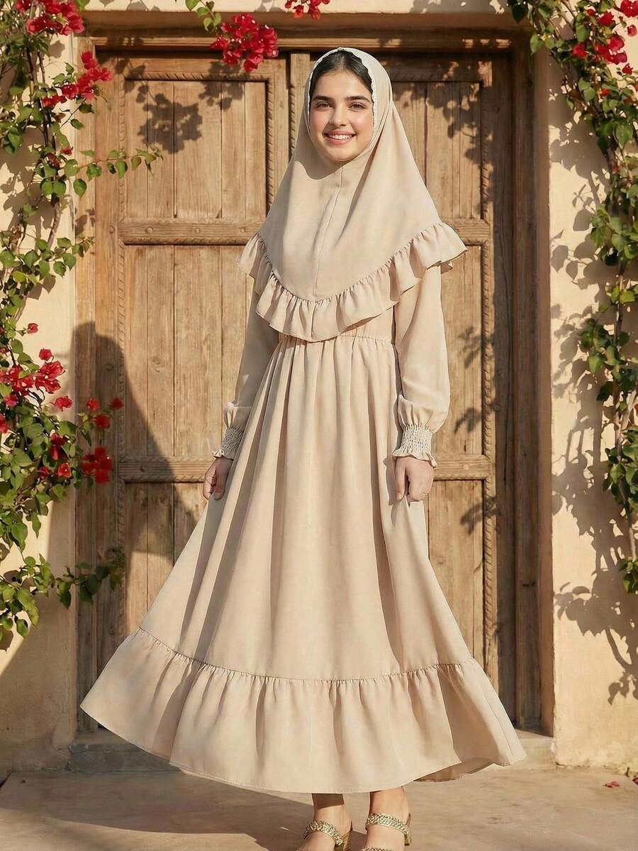 SHEIN 2pcs/Set Tween Girls Traditional Arabic Dress, Long Sleeve Robe + Abaya Set - Khaki - View 1