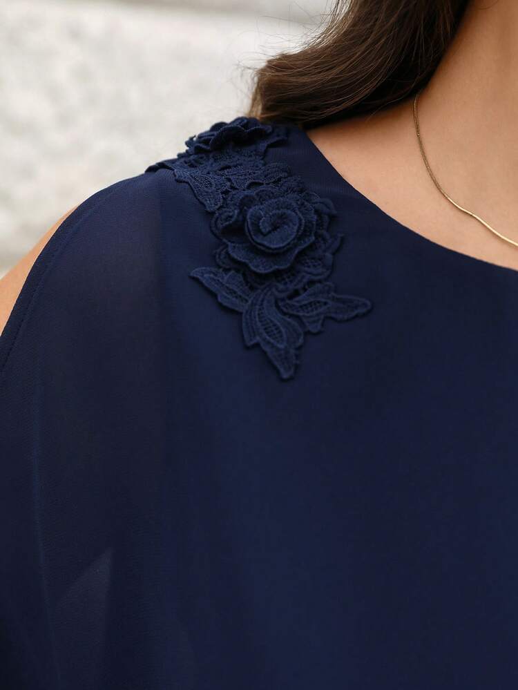 Plus Size Navy Blue Dress For Women,Elegant Wedding Guest Dress,Summer Fashionable Cold Shoulder Batwing Sleeve Round Neck Minimalist Lace Patchwork