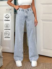 RueChic 100% Cotton Elastic Belt Detailed Straight Cut Jean - Medium Wash - View 1