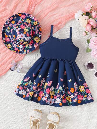 SHEIN Baby Girls Floral Print Sun Hat Dress