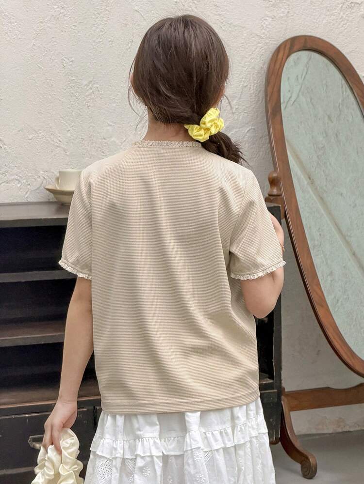 Tween Girls' Textured Knit Crew Neck Printed Short Sleeve T-Shirt, Fall Clothes Spring