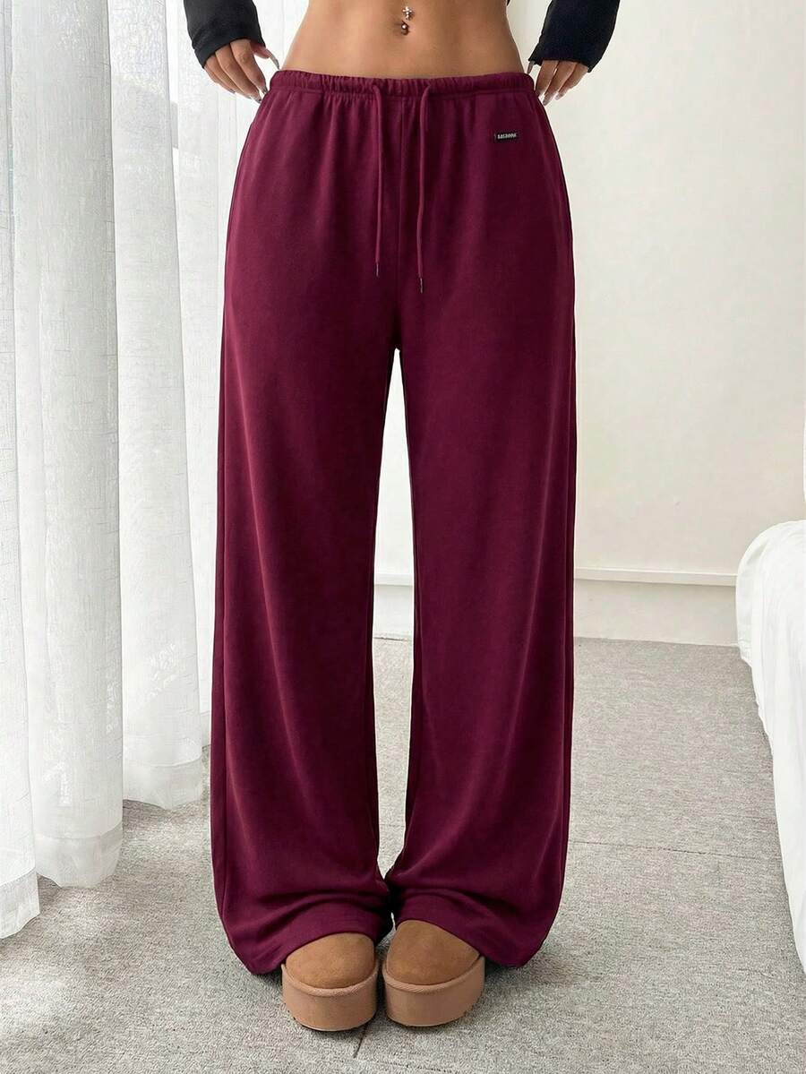 CovetEZ 女士抽绳腰双面抓绒休闲百搭通勤阔腿裤 - 酒紅色 - 查看 1