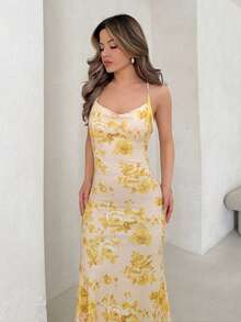 Jemour Vintage Yellow Floral Print Draped Neck Maxi Dress For Women, French Style Summer Boho Suitable For Going Out Chic Dress - Multicolor - View 4