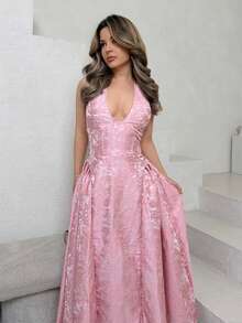 Jemour 复古3D压花花卉V领无袖喇叭女式连衣裙 - 粉色 - 查看 6