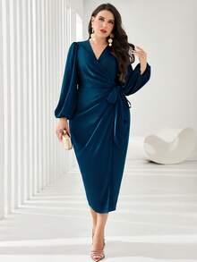 SHEIN CURVE+ Plus Size V-Neck Long Sleeve Allover Print Waist Tie Slim Fit Elegant Charming Long Evening Dress - Blue - View 5