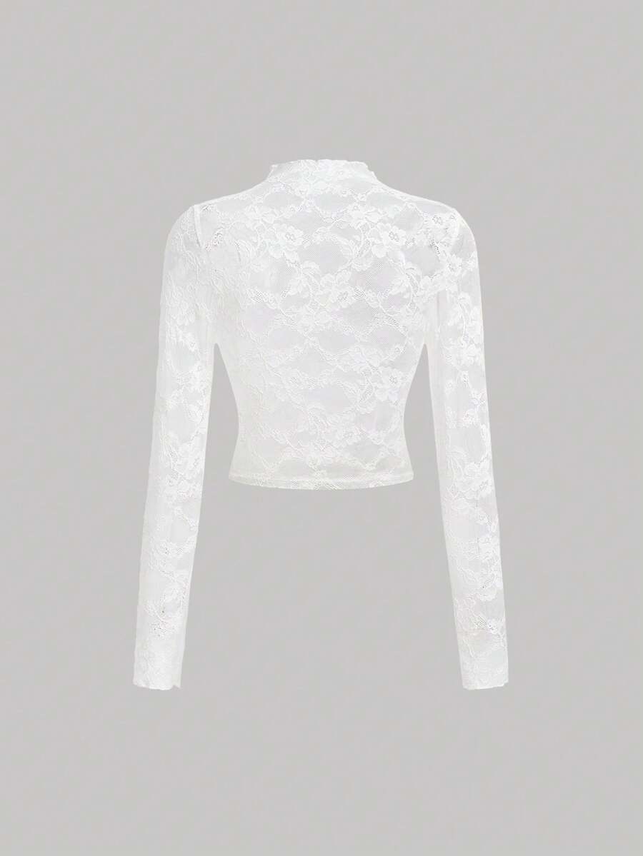 Tween Girl Elegant Lace Sheer Long Sleeve Fitted Blouse - White - View 1