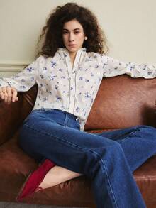 Écloséra 复古法式花卉刺绣泡泡袖荷叶边圆领紫色印花女士长袖衬衫，春夏款 - 彩色 - 查看 5