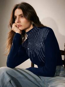Anewsta Embellished Rhinestone Half High Neck Long Sleeve Knit T-Shirt, Elegant Blouse For Women, Autumn/Winter Outfit - Navy Blue - View 6