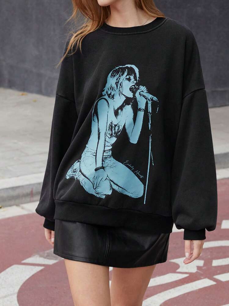 SHEIN Maija Women's Oversized Black Casual Loose Pullover Sweatshirt With Blue Women-Themed Graphic Print, Long Sleeve, Round Neck, Versatile For All Seasons, Unisex Hippie