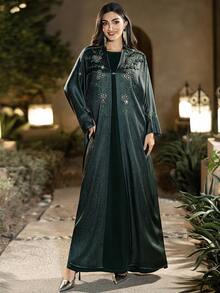 Layrah Women's Elegant Handmade Rhinestone Embellished Long Dress Robe For Evening Party - Dark Green - View 8