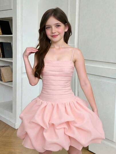 Tween Girl Casual Elegant Figurnära Rynkad Organza Miniklänning Med Bubbla Fåll, Lämplig För Alla Hjärtans Dag, Sommar, Examen, Bröllop, Fester, Evenemang