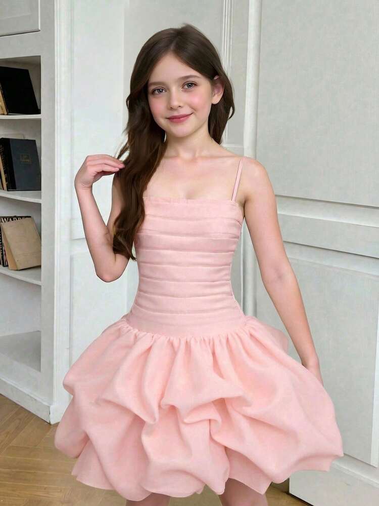 SHEIN Tween Girl Casual Elegant Fitted Ruched Bubble Hem Organza Mini Dress,  Suitable For Valentine's Day, Summer, Graduation, Weddings, Parties, Events  Tween Girls Elegant Dress That Is Light Pink Teen Girl Pink