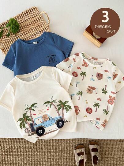 3件套男童可爱印花圆领针织T恤，3种不同设计，适合上学和户外活动穿着，春夏款