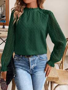 SHEIN Frenchy Áo sơ mi nữ kiểu dáng tối giản, họa tiết chấm bi Thụy Sĩ phối ren, thích hợp mặc mùa thu. - màu xanh lá - Xem 4