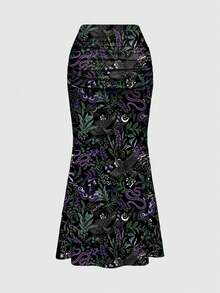 ROMWE Black Gothic Dark Mysterious Garden Forest Snake Eagle Moth Plant Print Ruched Bodycon Mermaid Skirt For Women - Black - View 2