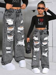 SHEIN Jeans rectos anchos y rasgados con efecto desgastado estilo callejero de Y2K para niñas preadolescentes, ropa y conjuntos de otoño para niñas - Lavado ligero - Ver 1