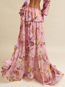 SHEIN BAE Chân váy maxi chiffon trơn và in hoa, vạt bất đối xứng, cạp thấp, thích hợp cho nữ đi biển, kiểu dáng dễ thương ngọt ngào lãng mạn phong cách Y2K, thích hợp cho mùa xuân/hè. - Hồng - Xem 2