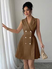 Rafferiza Women's Elegant Commuter Double-Breasted Pleated Hem Sleeveless Dress, Summer - Brown - View 3
