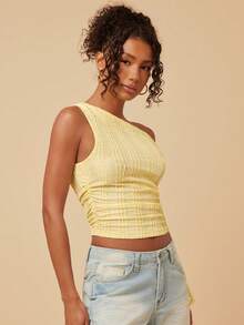 Travachic Women's Fashion Asymmetric-Shoulder Knit Cropped Top, Summer - Yellow - View 6