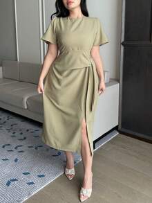 Dazy Plus Plus Size Women Elegant Tie-Waist Long Solid Color Round Neck Short Sleeve Casual Dress, Spring/Summer Sundress - Olive Green - View 6