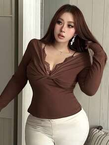 REIGN AVE Plus Size Fitted Solid Color Contrast Lace Cropped Long Sleeve Versatile T-Shirt Going Out Tops Women - Brown - View 6