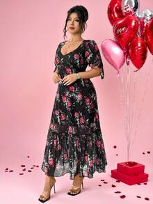 Elenzga Vestido feminino plus size elegante e romântico com laço de rosa nos punhos e barra em tule patchwork, perfeito para um encontro romântico no Dia dos Namorados. - Multicolorido - Ver 5