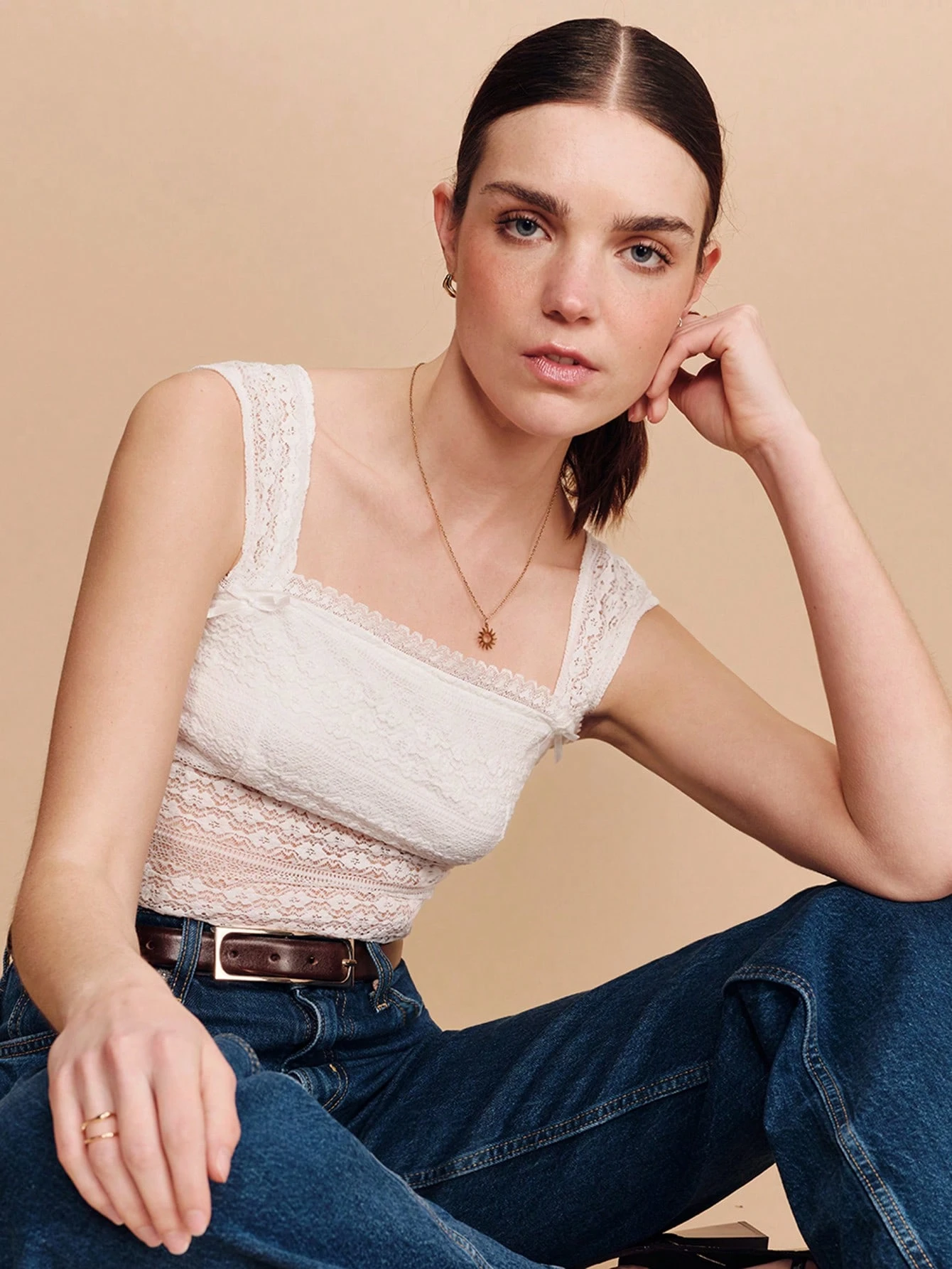 Top Quadrada Sem Mangas de Renda Branca Elástica, Estilo Boho, Primavera Verão, Fofa, Romântica, Estilo Francês, Estilo Parisiense