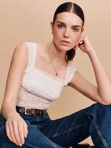 lacRébo White Lace Stretch Square Neck Sleeveless Top Boho Spring Summer Cute Romantic French French Style Parisian Style - Beige - View 5