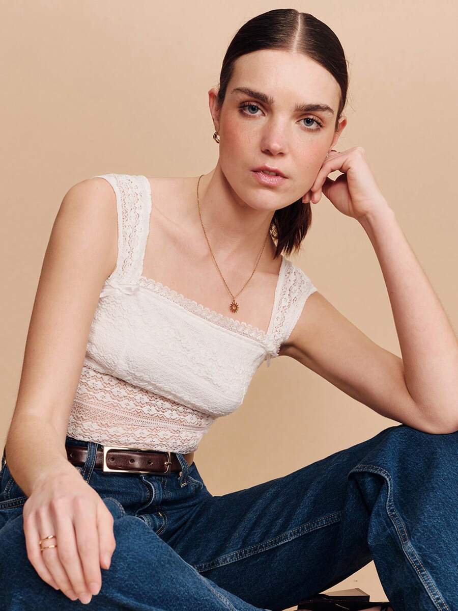 lacRébo White Lace Stretch Square Neck Sleeveless Top Boho Spring Summer Cute Romantic French French Style Parisian Style - Beige - View 1